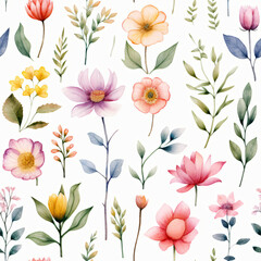 Seamless pattern of Asian flowers, watercolor, Wrapping paper pattern