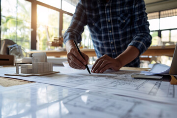 senior architiect designer working on blueprint with building model on workplace desk in office center at construction site