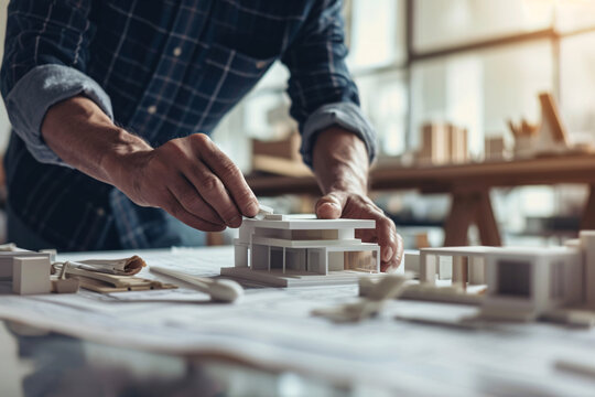senior architiect designer working on blueprint with building model on workplace desk in office center at construction site