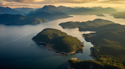 Obraz premium Aerial view of Howe Sound after a cloudy summer sunset. Canada, Taken North of Vancouver, British Columbia