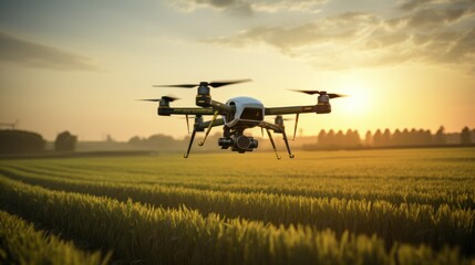 drone flying on farmland at sunrise 