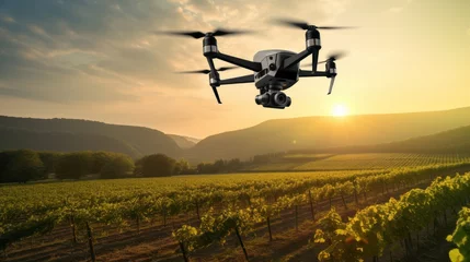 Zelfklevend Fotobehang drone flying on vineyard field at sunrise background  © CStock