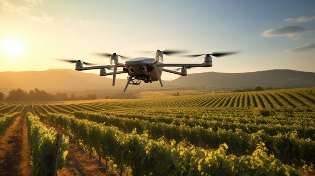 drone flying on vineyard field at sunrise background 