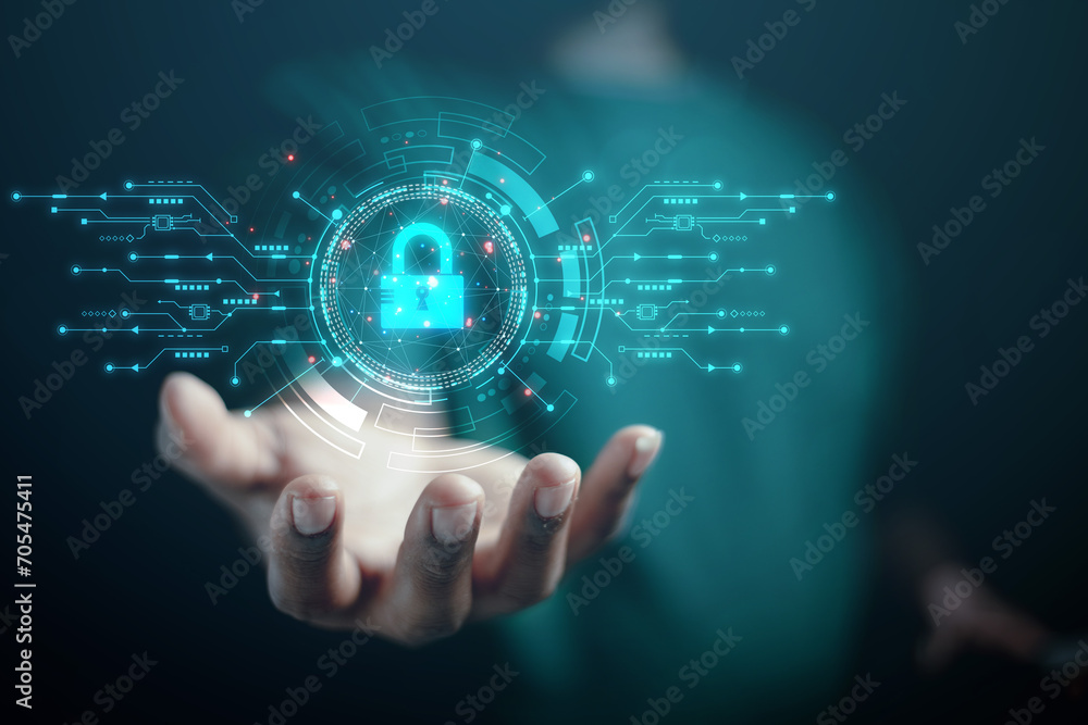 Poster cybersecurity concept business man shows how to protect cyber technology network from attack by hack