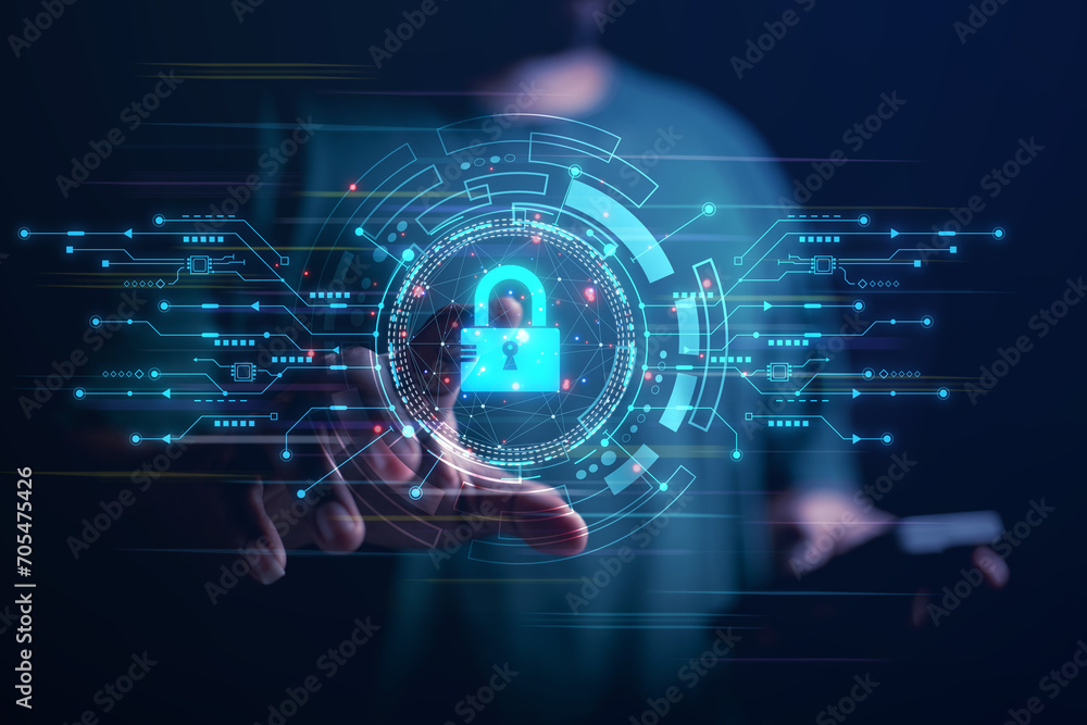 Poster cybersecurity concept business man shows how to protect cyber technology network from attack by hack