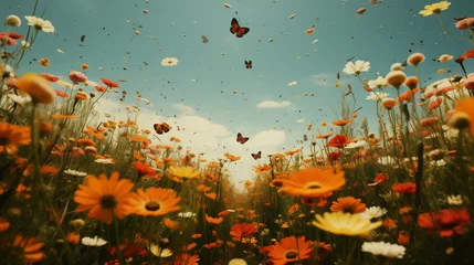 Crédence de cuisine en verre imprimé Papillons en grunge The plain is full of colorful flowers and butterflies in spring