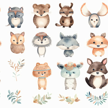 Seamless pattern of cute American Indian with animals, watercolor, Wrapping paper pattern