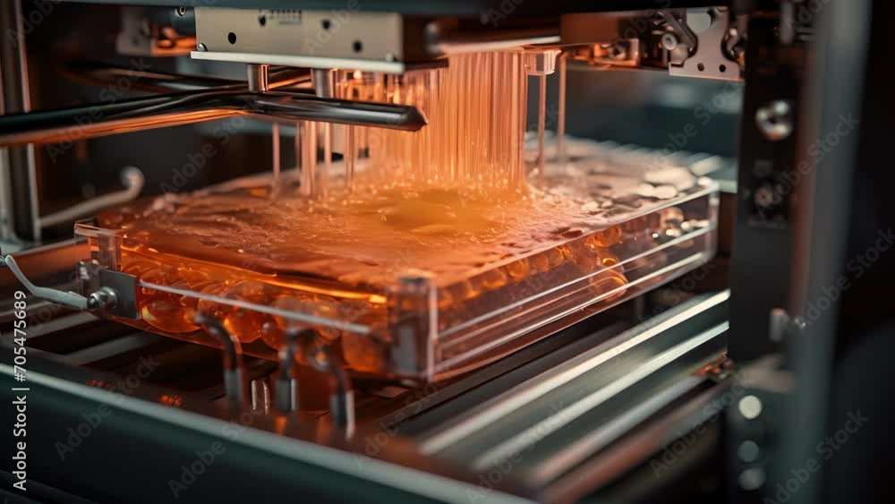 Poster a of a 3d bioprinter, showing layers of stem cells being precisely deposited to create a scaffold fo