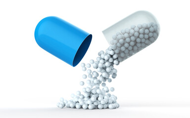 Blue Antibiotics Capsule with drug balls inside on white background. 3D illustration