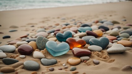 Fototapeta na wymiar heart shaped pebbles on a beach, earth color, love, heart, valentine's day concept