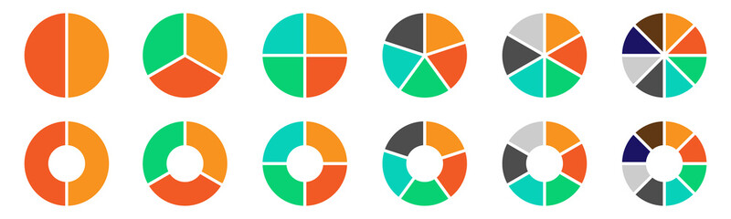 Set of pie charts. Collection of colorful diagrams.Circle icons for infographics, user interface, web design, business presentation. Vector illustration.