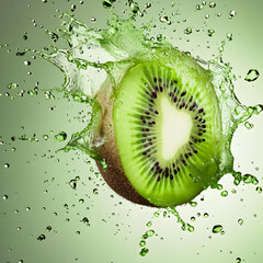 Water Splashing on Kiwi Fruit on Green Background