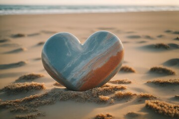Fototapeta premium Warm color heart. Love. A heart shaped stone, cracked and weathered , lying on a beach. Heart, Valentine's day concept