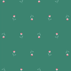 Floral Seamless Pattern of Sparse Pink Tiny Flowers on Viridian Green Background. Wallpaper Design for Textiles, Fabrics, Papers Prints, Fashion Backgrounds, Wrappings, Packaging.