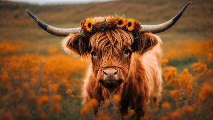 highland cow calf in the meadow with autumn flowers wreath	 - obrazy, fototapety, plakaty