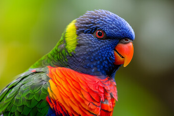 Naklejka premium A close-up portrait of a vividly colored lorikeet with a spectrum of rainbow feathers, focused intently against a soft green background.