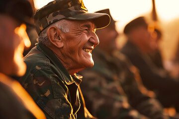 Veterans sharing laughter and camaraderie, set against a blurred background.





