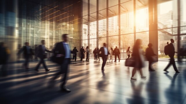 motion blur image of business people crowd walking at corporate office 