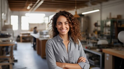 Portrait of a female engineering student in a workshop looking