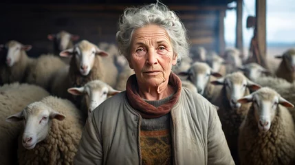 Fotobehang Portrait of Caucasian old gray-haired woman shepherd standing in barn © CStock