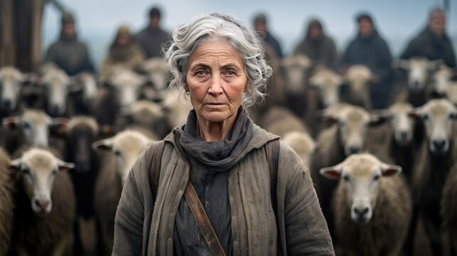 Portrait of Caucasian old gray-haired woman shepherd standing in barn