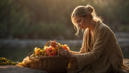 woman with basket of flowers - Powered by Adobe