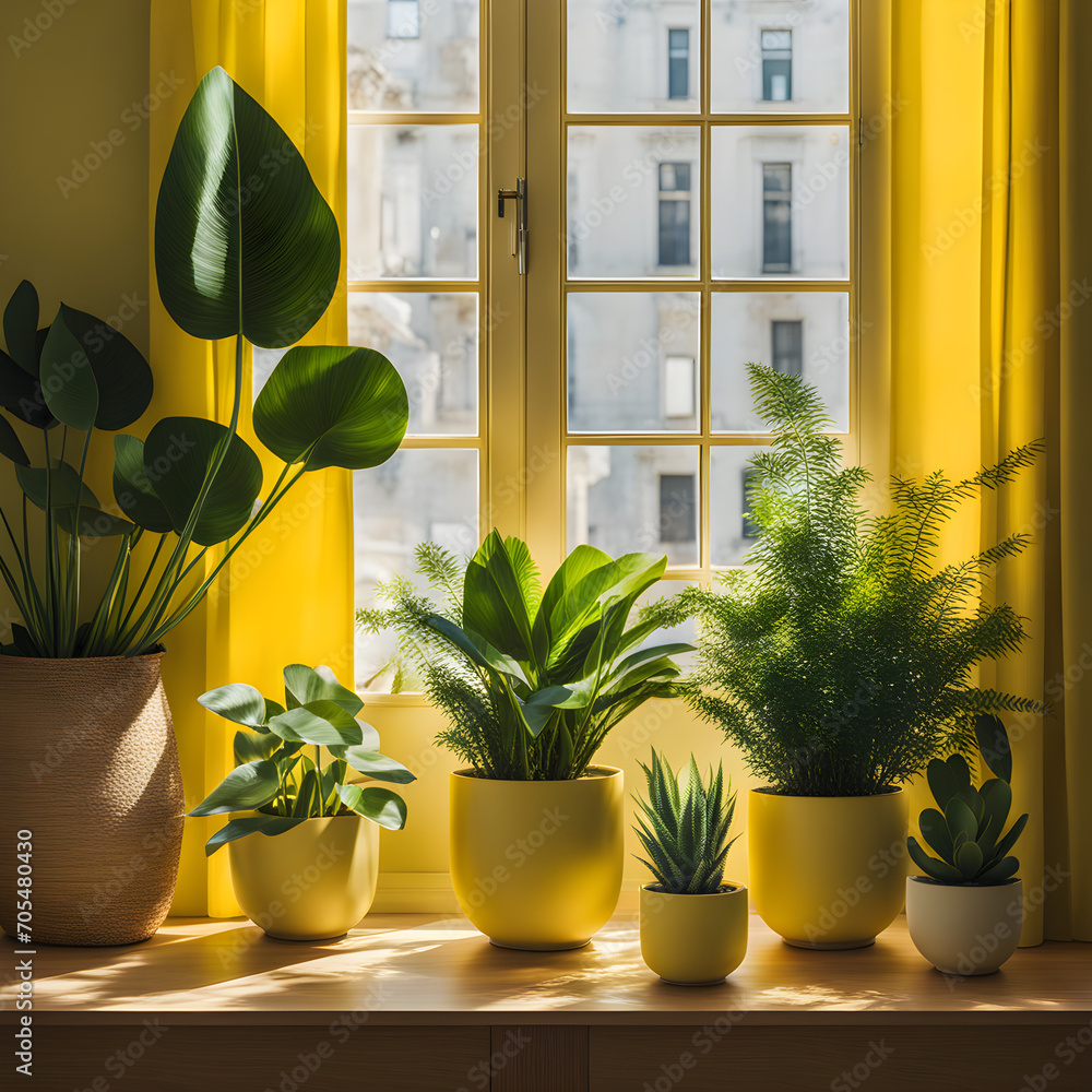 Poster some-potted-plants-on-a-table-in-front-of-a-window-in-the-style-of-light-filled-scenes-bold-minima