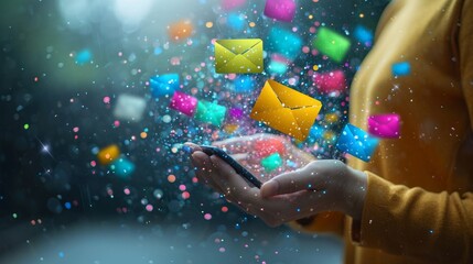 Close up of woman holding mobile phone with colorful flying envelopes around.Marketing and business ideas through email