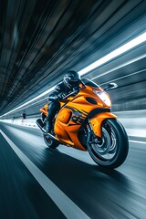 Obraz premium A rider in black gear speeds through a tunnel on an orange sports bike, creating a blur of motion and light