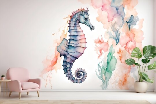 seahorse watercolor, soft pastel palette, nursery wall mural, very minimalistic one line drawing of a seahorse, white wall