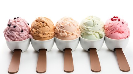 five scoops of different flavors and colors of ice cream, namely strawberry, vanilla, chocolate and fruit