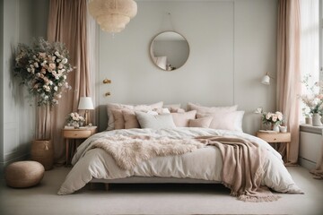 A luxurious Scandinavian bedroom with a sleek and sophisticated design, featuring plush fabrics and elegant details.