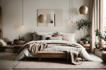 A luxurious Scandinavian bedroom with a sleek and sophisticated design, featuring plush fabrics and elegant details.