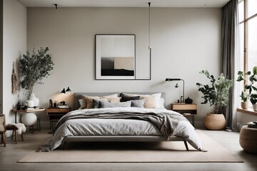 A luxurious Scandinavian bedroom with a sleek and sophisticated design, featuring plush fabrics and elegant details.