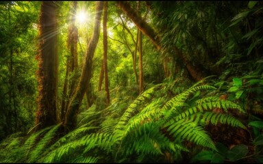 Obraz premium The dense rainforest is green with sunlight coming in from the leaves