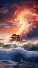  house in the edge of cliff with giant storm at the sunset