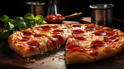 Slice of fresh Italian classic original Pepperoni Pizza on a wooden plate - Powered by Adobe