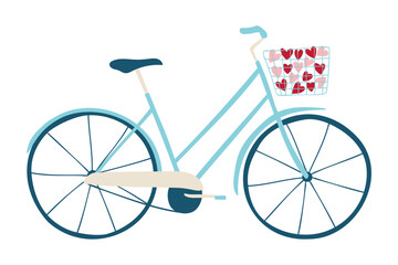 Hand Drawn Bicycle with Hearts in Basket. Cartoon Element for Valentines Day, Wedding and Love Concept Vector Illustration.