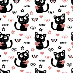 Hand Drawn cute cat vector illustration seamless pattern, children print design. Cute cats with hearts