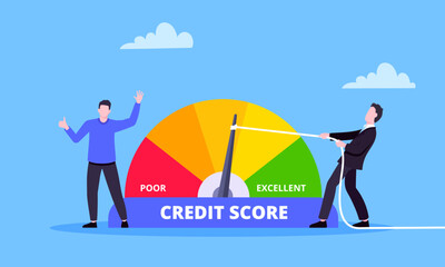 Man pushes credit score arrow gauge speedometer indicator with color levels. Measurement from poor to excellent rating for credit or mortgage loans concept flat style design vector illustration.