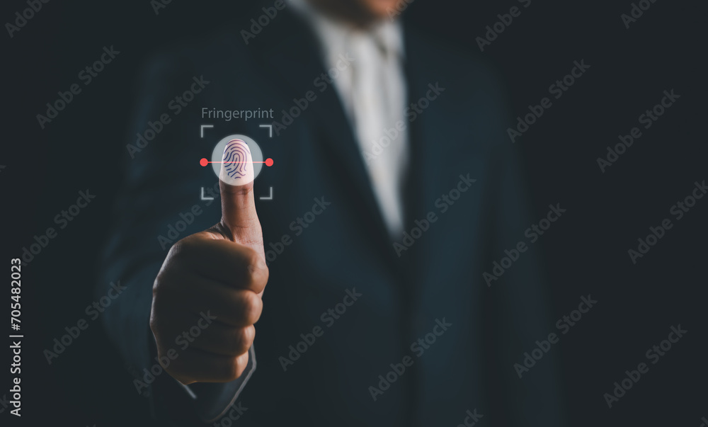 Poster Businessman scan fingerprint biometric identity and approval. The future of security and password control through fingerprints in an immersive technology future and cybernetic concept..