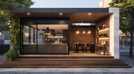 Small modern coffee shop, wooden exterior, realistic render.  - obrazy, fototapety, plakaty