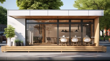 Small modern coffee shop, wooden exterior, realistic render. 