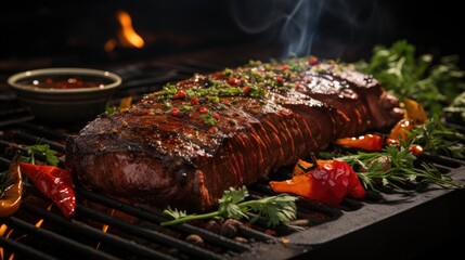 Slices of flank steak are being cooked on a charcoal grill in medium rare - obrazy, fototapety, plakaty