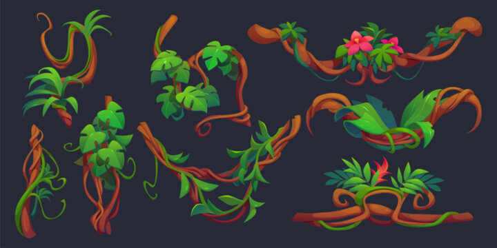 Twisted liana branch with green leaves and flowers. Cartoon vector illustration of jungle long tangled climbing plant vine with foliage. Game ui design assets of creeper ivy tree trunk with vegetation
