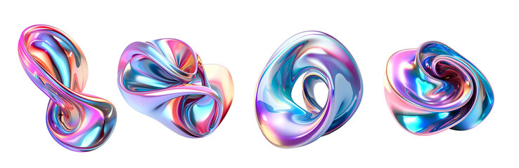 3d fluid abstract metallic holographic colored shape png set transparent background generated by ai