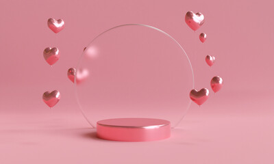 podium with balloons in the shape of heart. 3d illustration