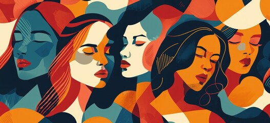 Illustration of diverse women with abstract colorful patterns. Art and diversity.