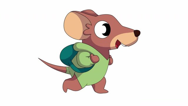 Running cute mouse with backpack. back to school concept. side view cartoon animation