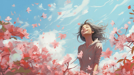 Joy of Spring: Woman Embracing the Blossom Breeze
